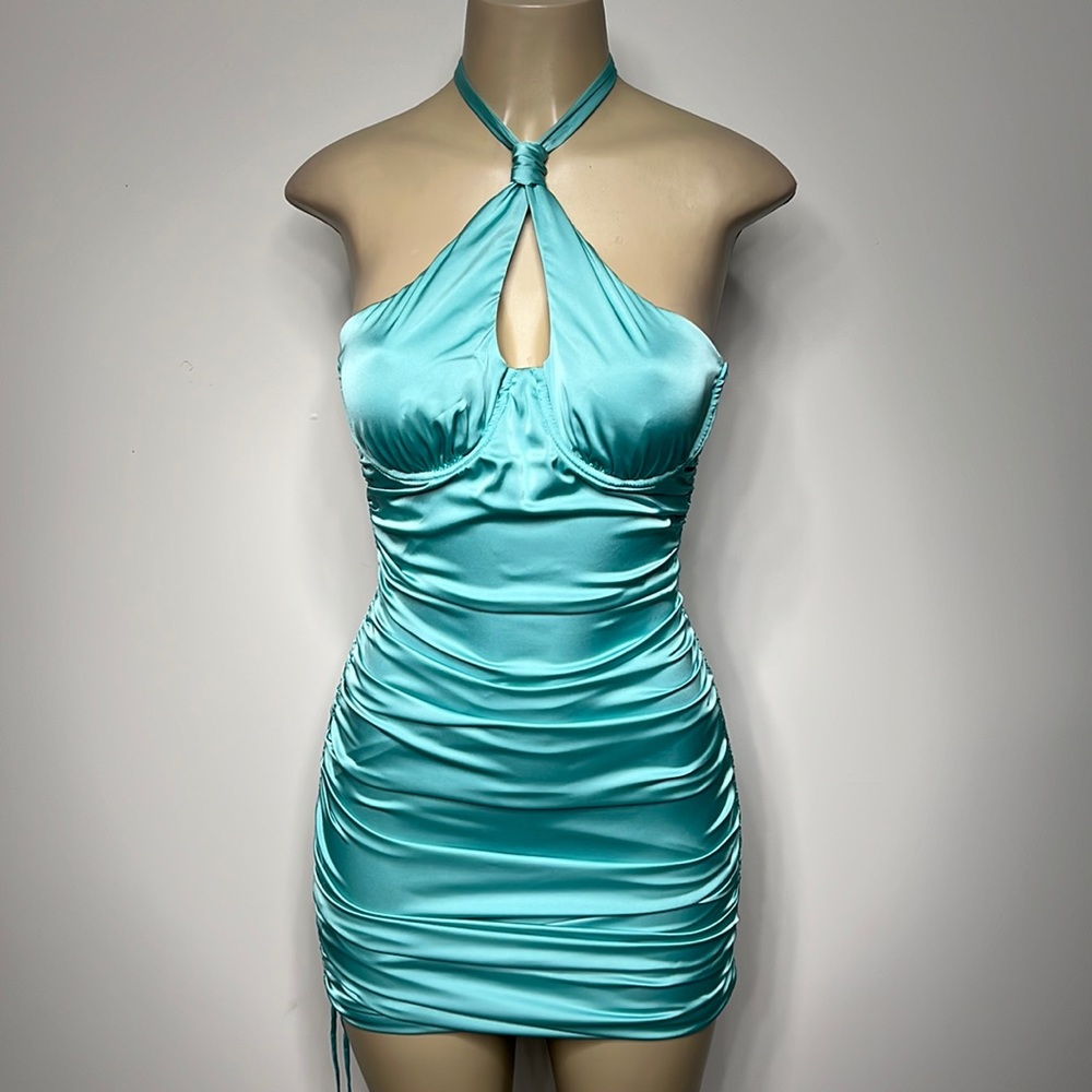 Oh Polly US size 6 teal satin ruched body-con mini dress woth underwire top NWT